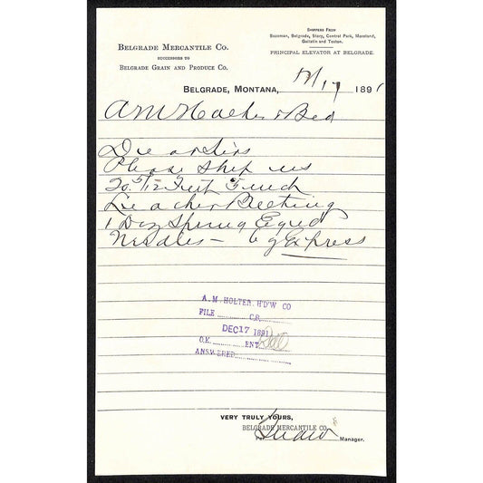 Belgrade, MT Belgrade Mercantile Co. 1891 Billhead Letterhead VGC