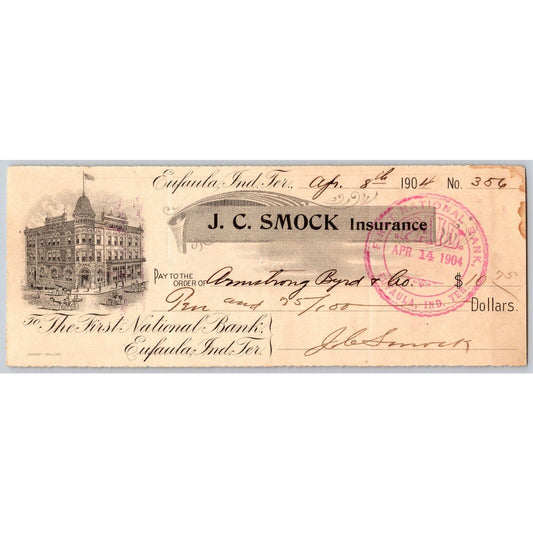 Eufaula Indian Territory Oklahoma 1904 J.C. Smock First National Bank Check