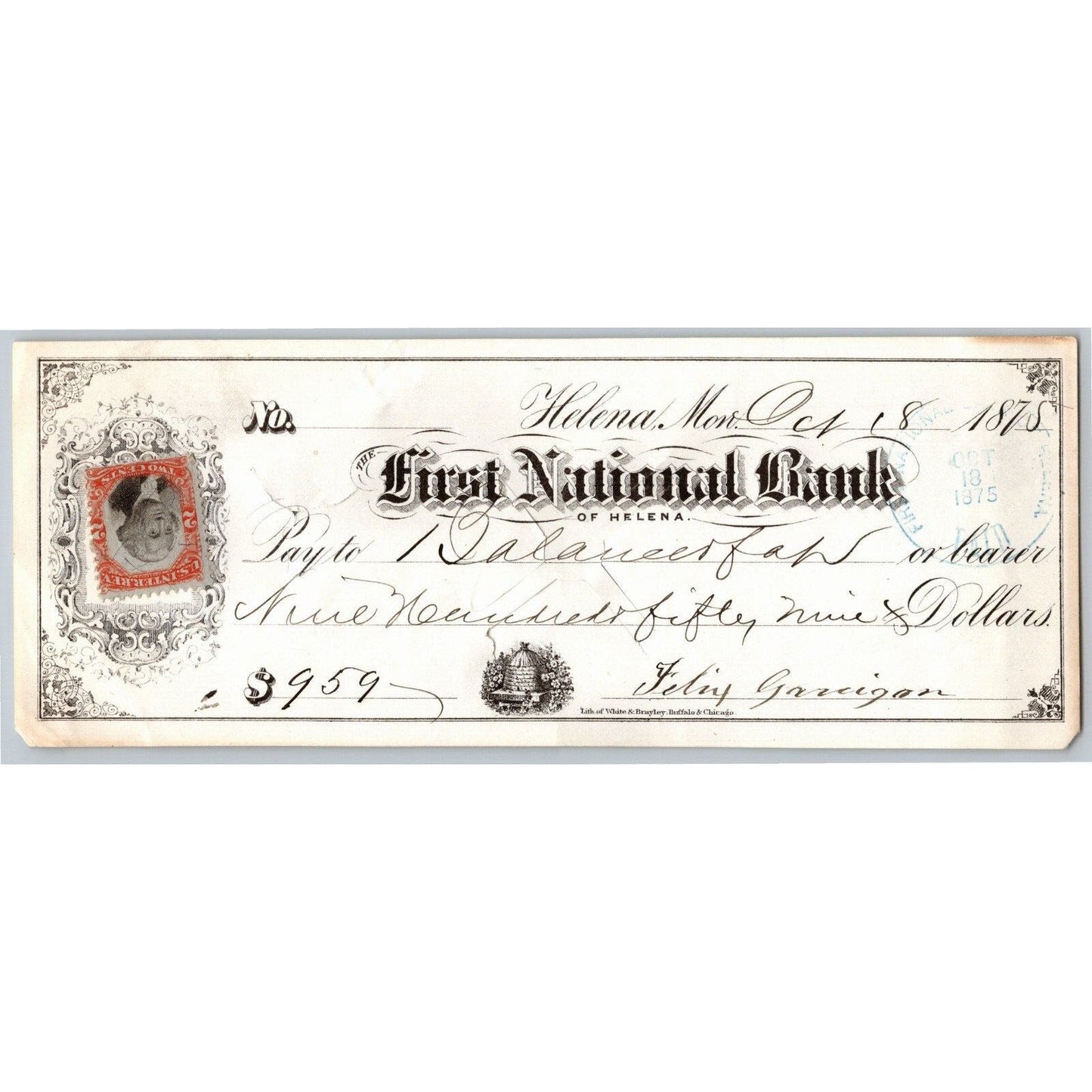 Helena Montana First National Bank Check 1875 w/ Affixed Rev Stamp
