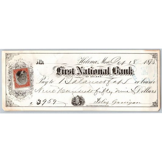 Helena Montana First National Bank Check 1875 w/ Affixed Rev Stamp