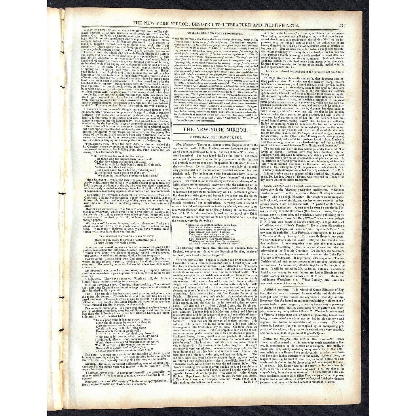 New-York Mirror Weekly Journal Literature Fine Arts Newspaper 2/23/1839