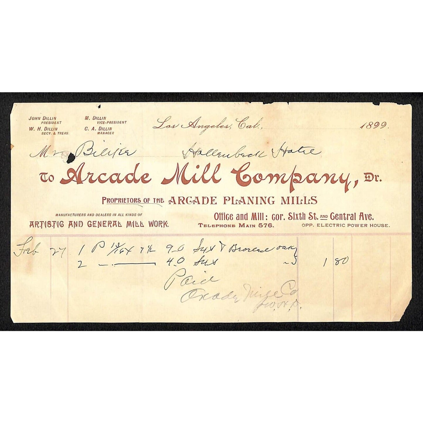 Los Angeles Arcade Mill Co. Planing Mills / Mill Work 1899 Billhead