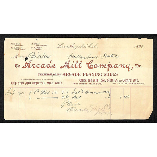 Los Angeles Arcade Mill Co. Planing Mills / Mill Work 1899 Billhead