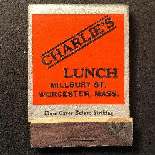 Worcester, MA "Charlie's Lunch" Champaign Matchbook Cover c1930's-40's Scarce