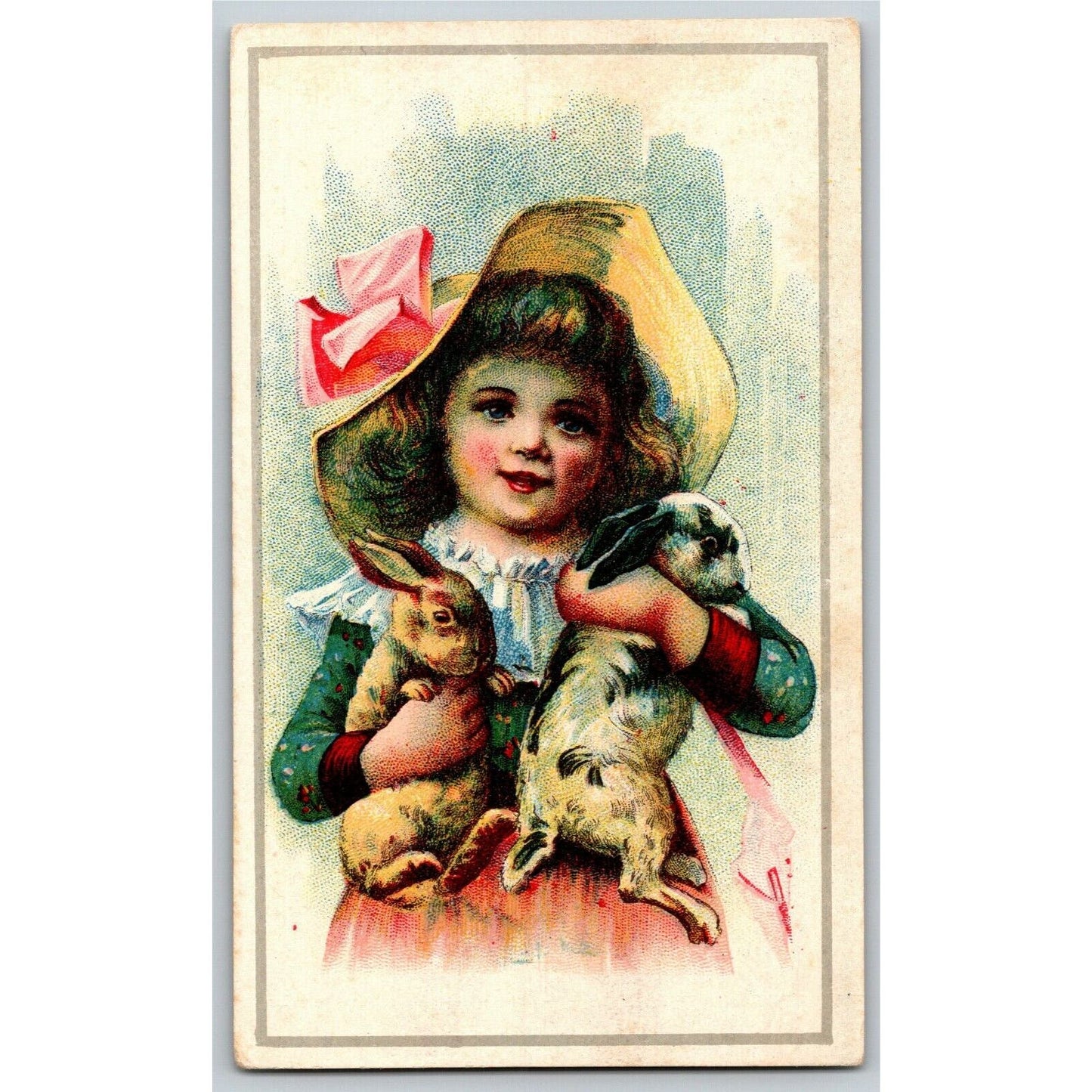 Girl in Dress w/Hat Holding Rabbits - Unmarked Blank Victorian Trade Card