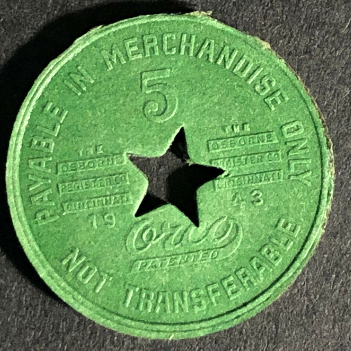 Merrill Stores Co. Henlawson, W. VA. Fiber Token 5c Payable 20mm Star c1940's
