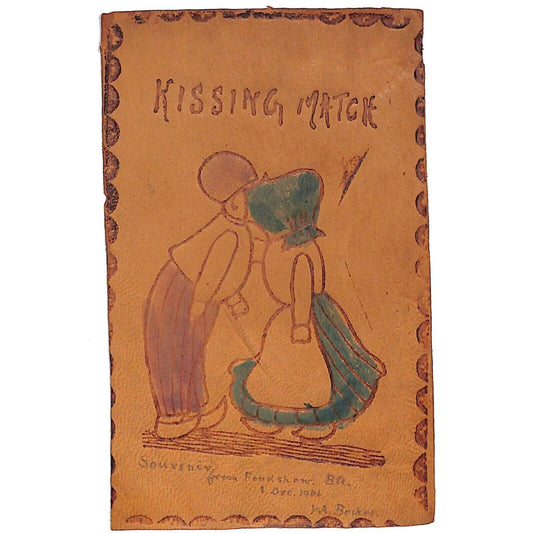 Funny Leather Postcard "Kissing Match" Dutch? Couple Kissing Humor