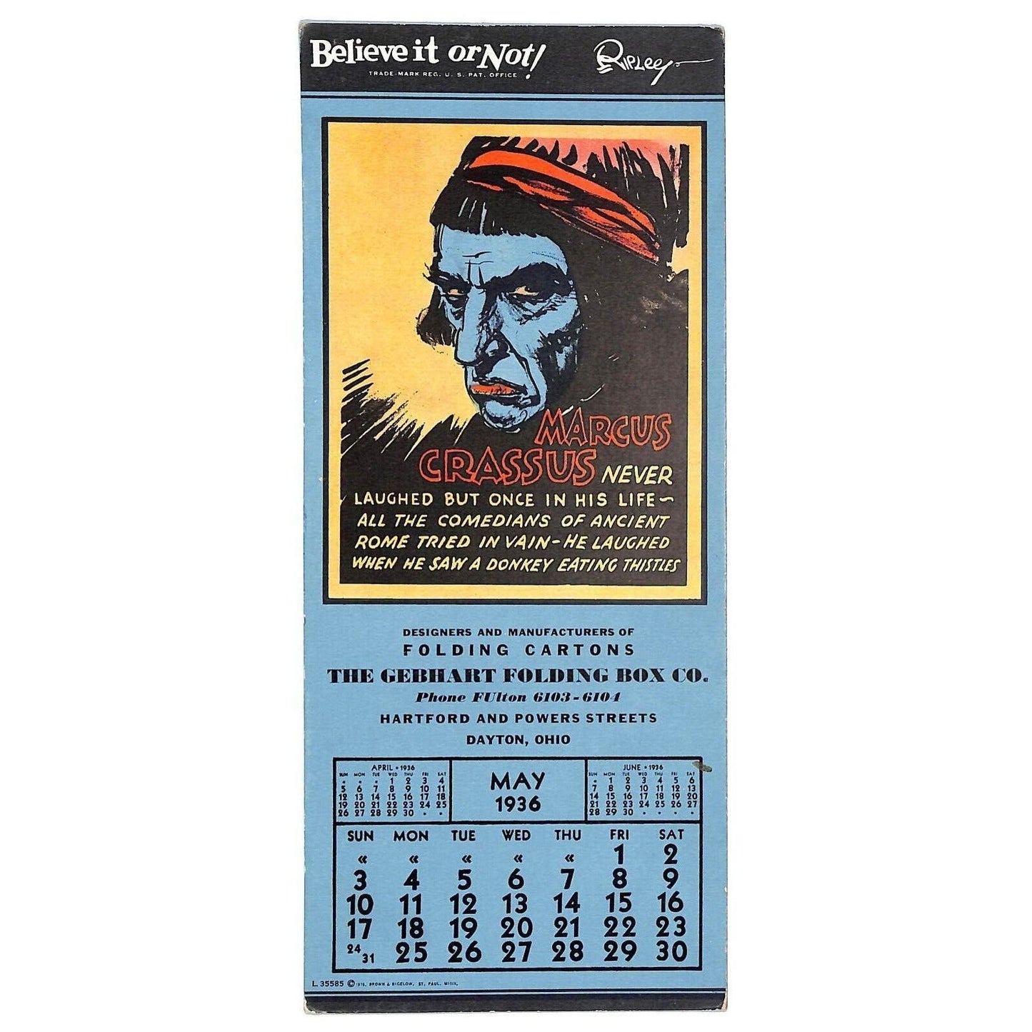 Believe It or Not! Marcus Crassus Never Laughed NY Label & Box Ink Blotter 1936