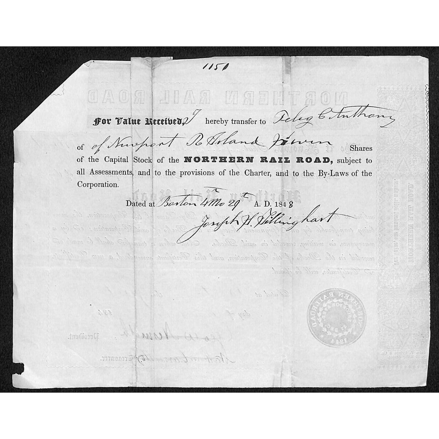 1847 Boston MA Northern Railroad Stock Certificate No. 2074 for 7 Shares