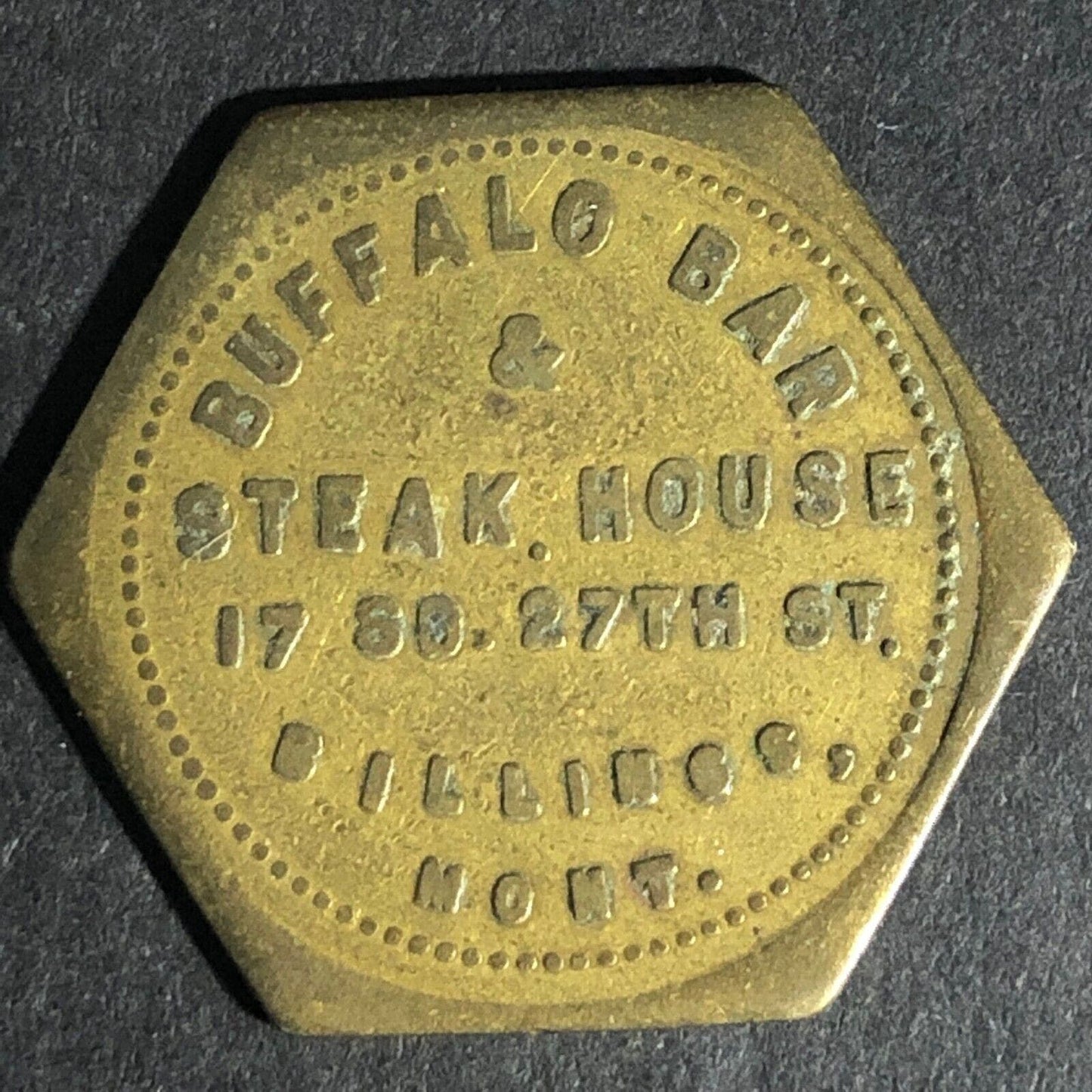 Buffalo Bar & Steak House Billings Montana G/F 25c Brass Token Octagon - 25mm