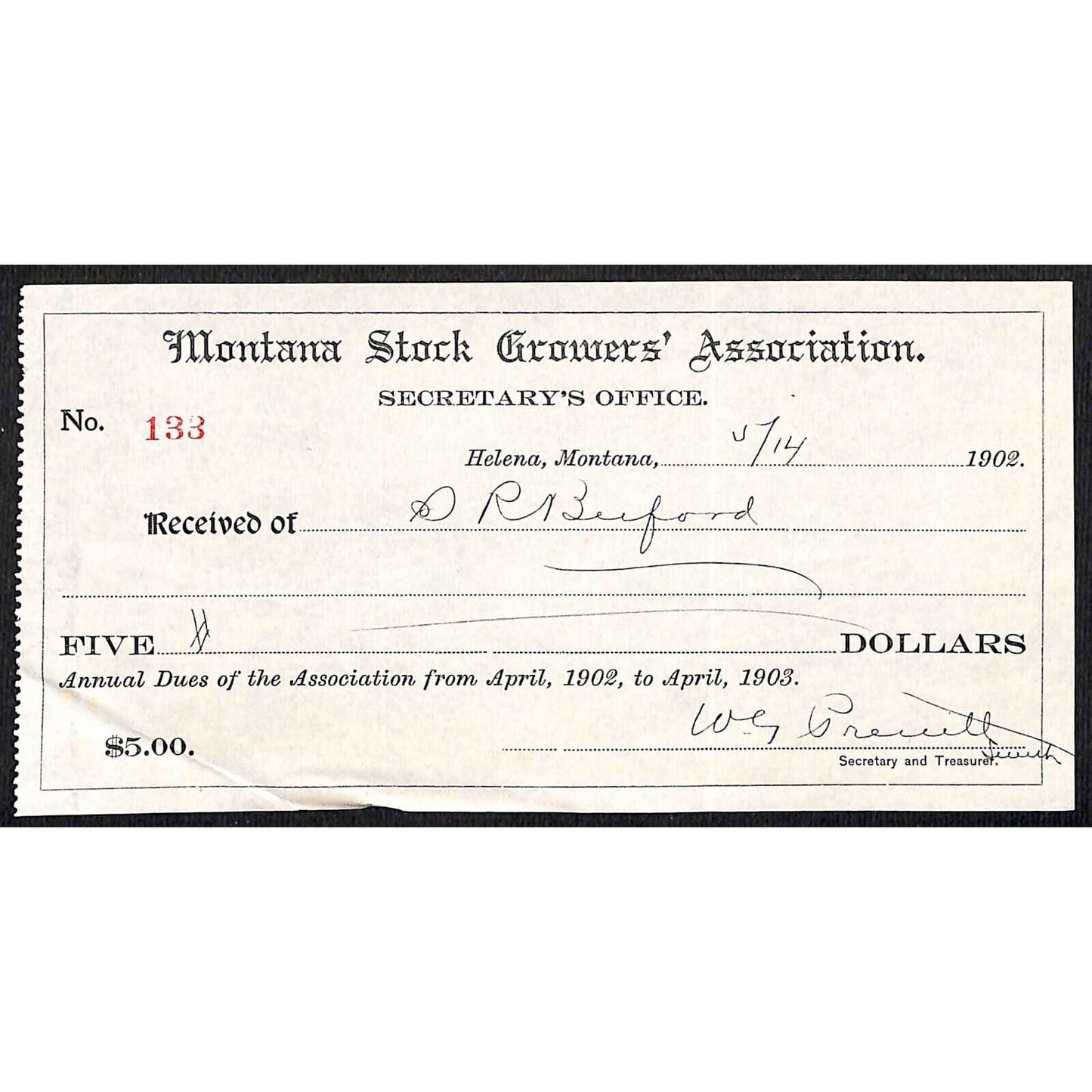 Helena Montana S.R. Buford / 1902 Stock Growers Association $5 Payment Receipt