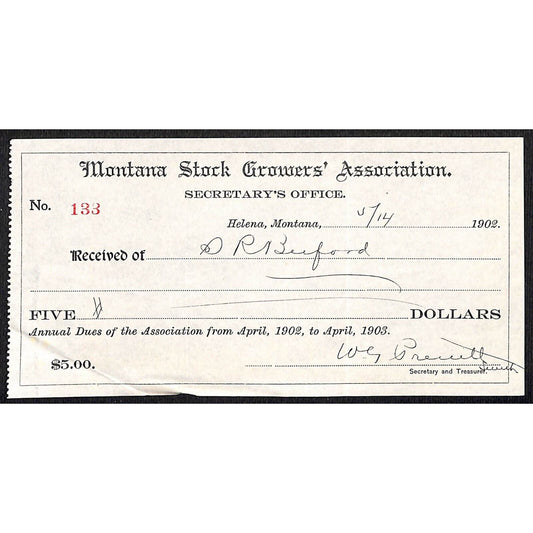 Helena Montana S.R. Buford / 1902 Stock Growers Association $5 Payment Receipt