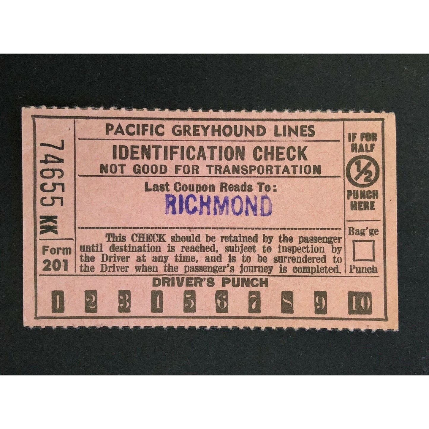 Pacific Greyhound Bus Lines I.D. Check / Ticket "Richmond" 74655 c1945-1955
