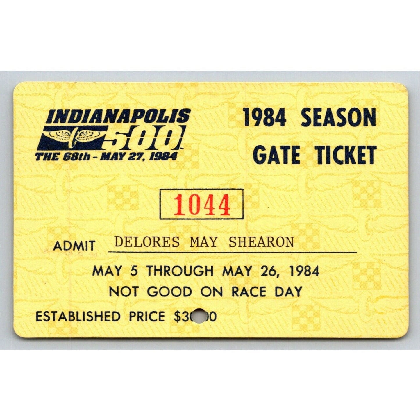 1984 Indy 500 Season Gate Ticket Pass Card Indianapolis IMS #1044 VGC