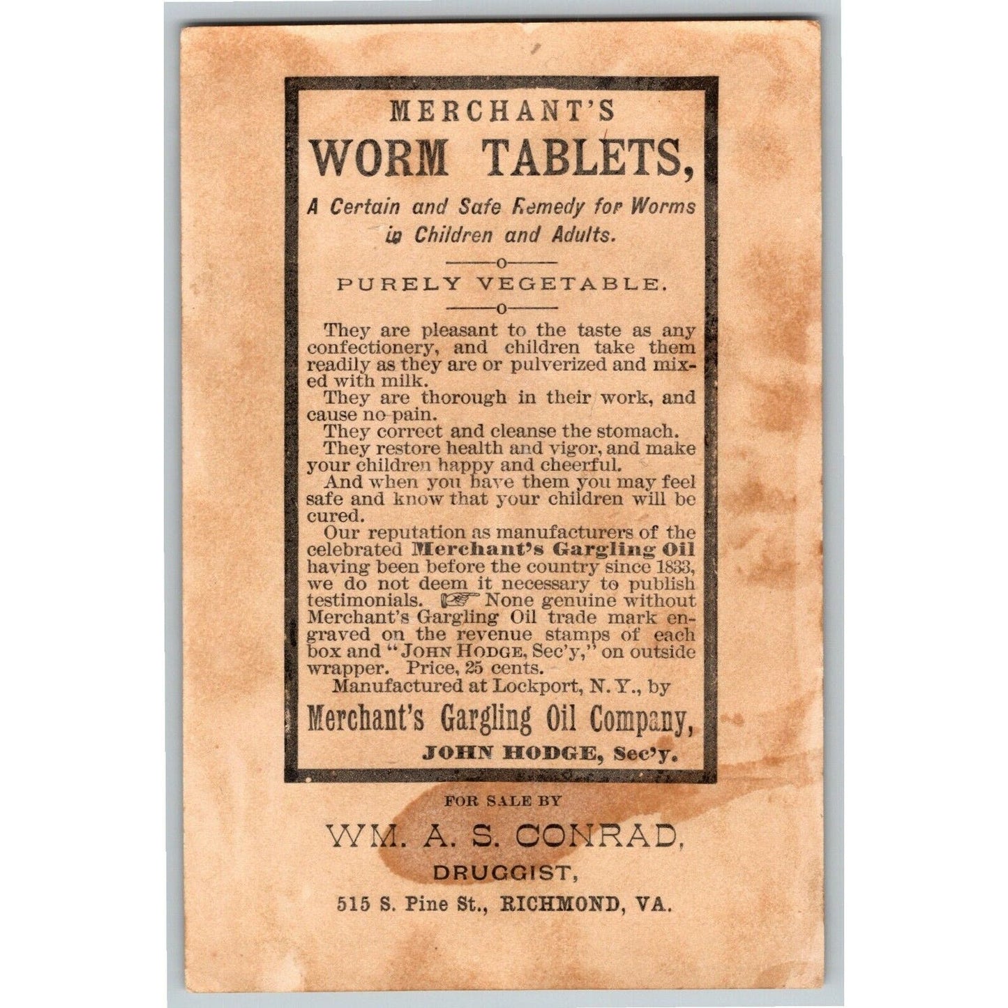 Merchant's Gargling Oil & Worm Tablets Wm. A. S. Conrad Victorian Trade Card