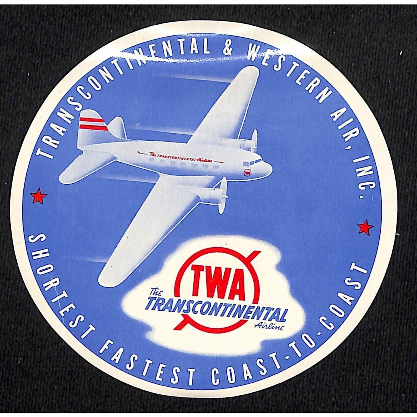 TWA Transcontinental & Western Air Airline Luggage Label Prop Plane & Clouds