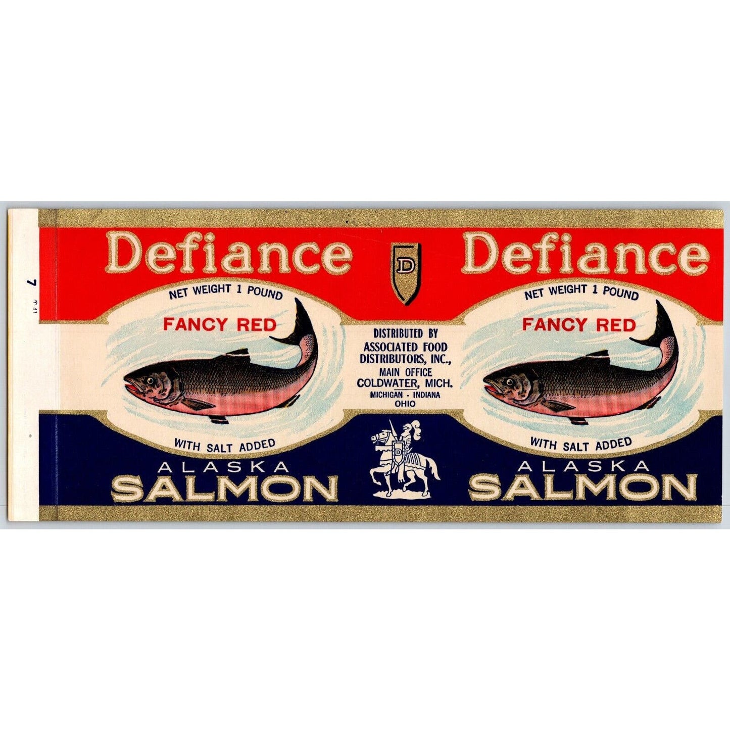 Defiance Alaska Salmon Paper Can Label Coldwater, MI c1920's Scarce
