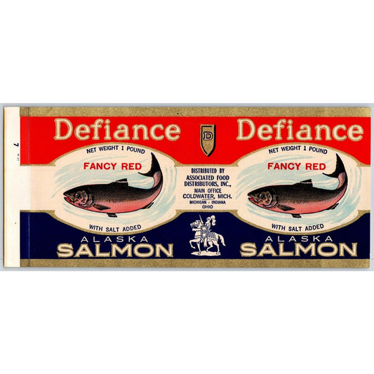 Defiance Alaska Salmon Paper Can Label Coldwater, MI c1920's Scarce