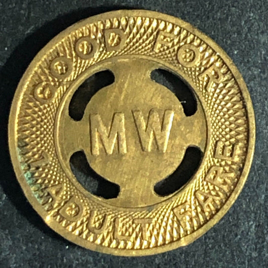 Inter Transit Marshfield Wis. "MV" WM G/F Adult Fare Transit Token 16.4mm