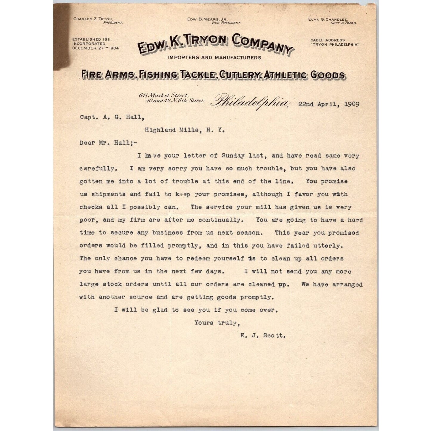 Philadelphia Edw. K. Tryon Jr. & Co. Tackle - Fire Arms 1909 Letterhead