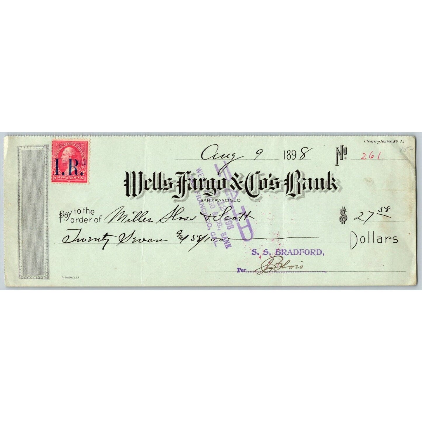1898 Wells Fargo Bank Check "Miller, Sloss & Scott" (Hardware) San Francisco