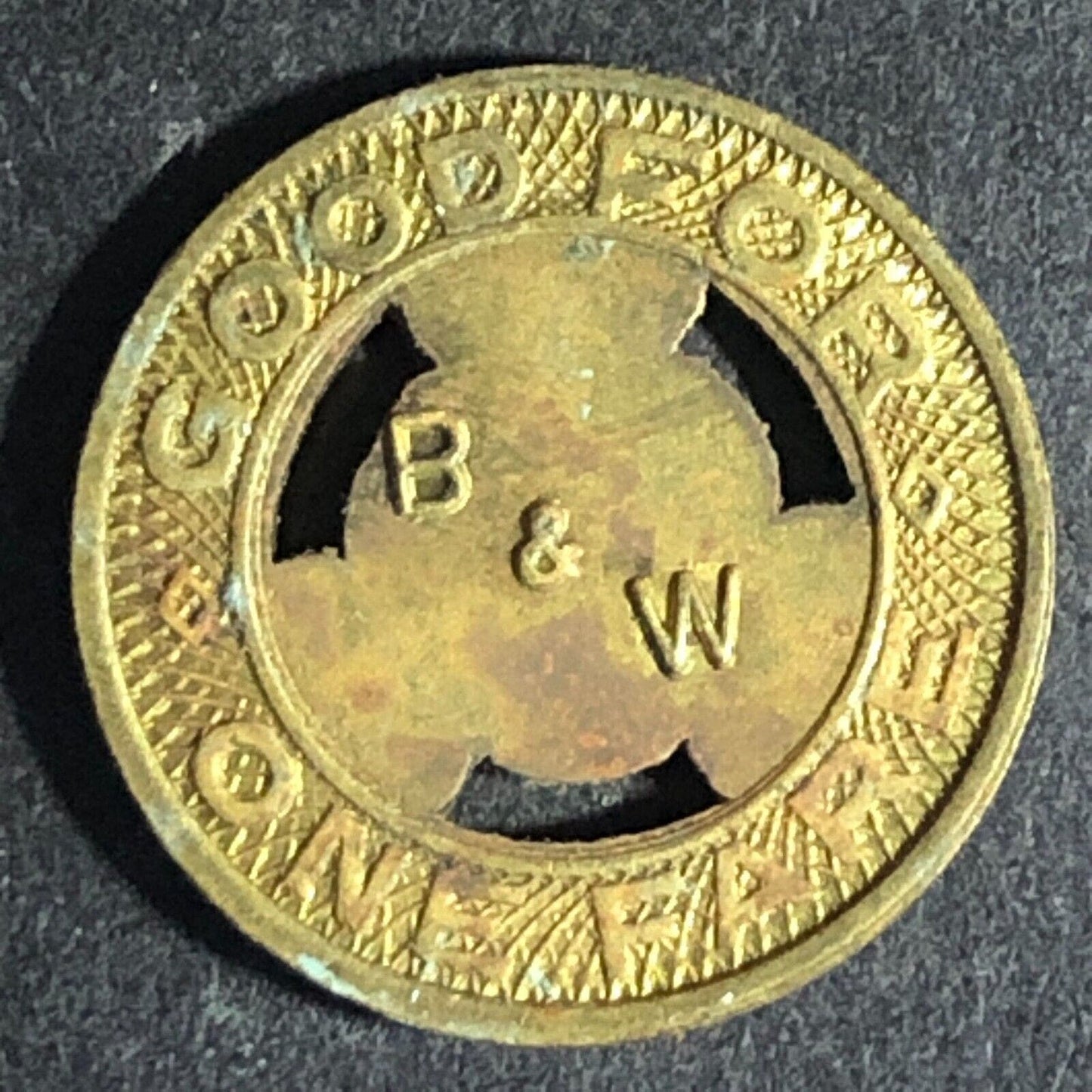 Blue & White Bus Lines B&W Watts, CA Brass G/F One Fare Transit Token 16.5mm