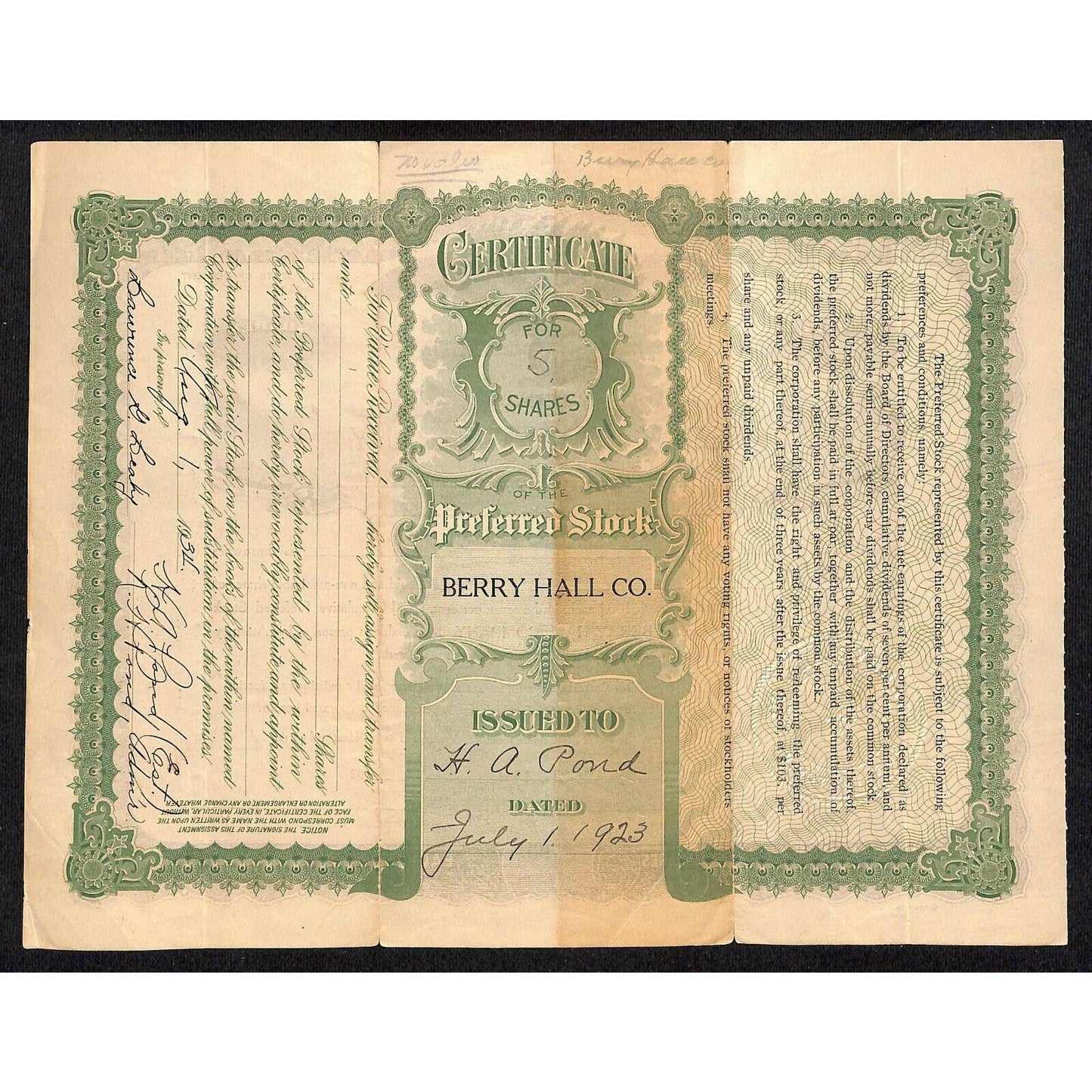 Berry Hall Company (Coffee) Vermont 1923 Stock Certificate Scarce