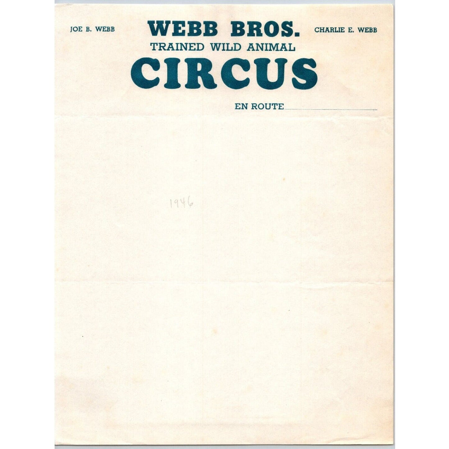 Webb Bros. Trained Wild Animal Circus Letterhead c1946 Scarce