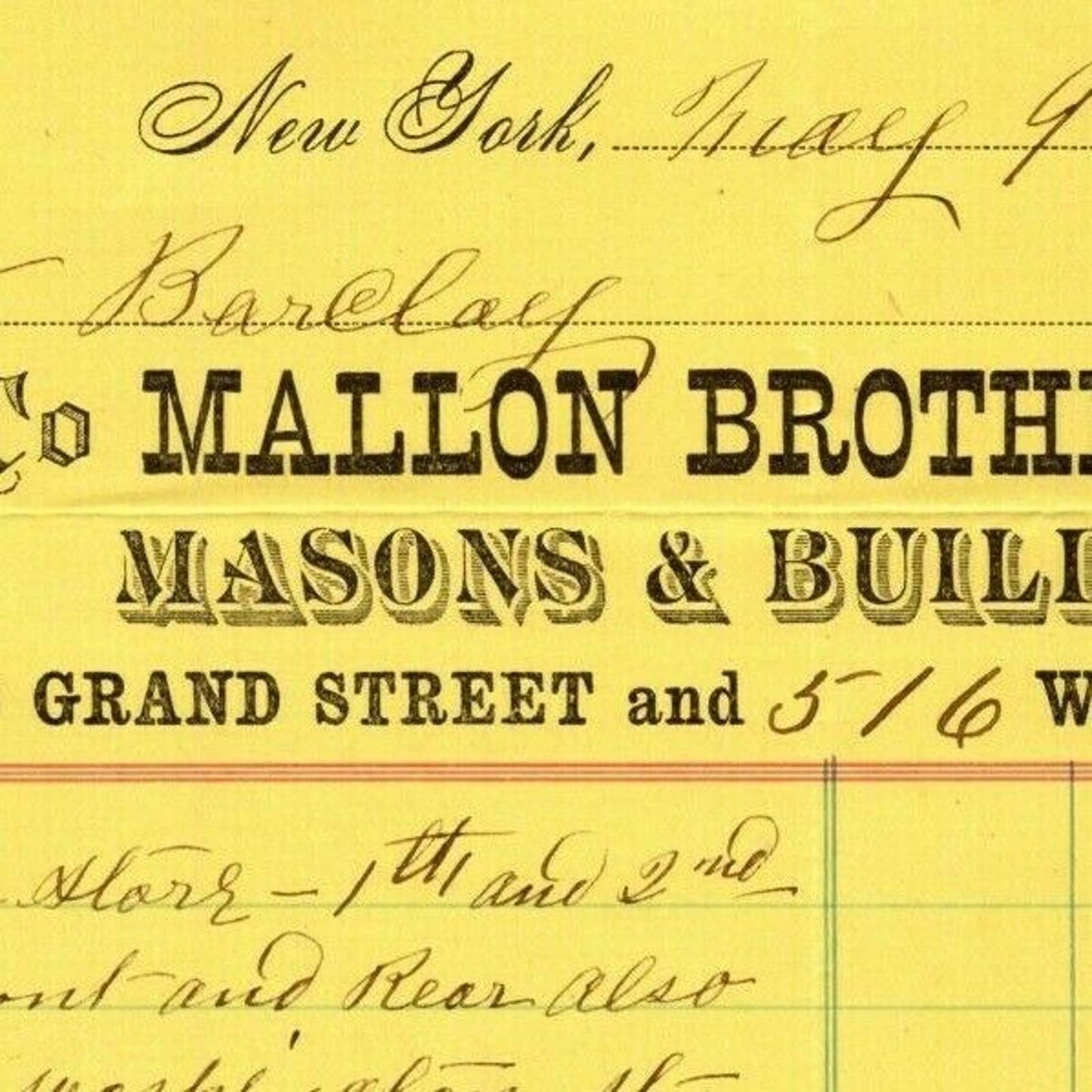 1890 Mallon Brothers Masons Letterhead Billhead Grand St & W 51st St NYC