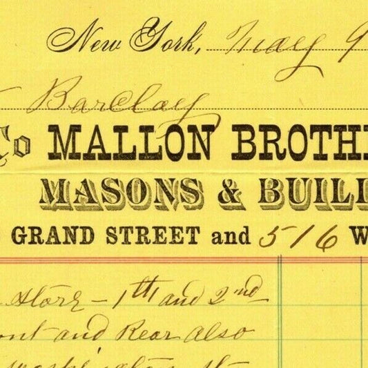 1890 Mallon Brothers Masons Letterhead Billhead Grand St & W 51st St NYC