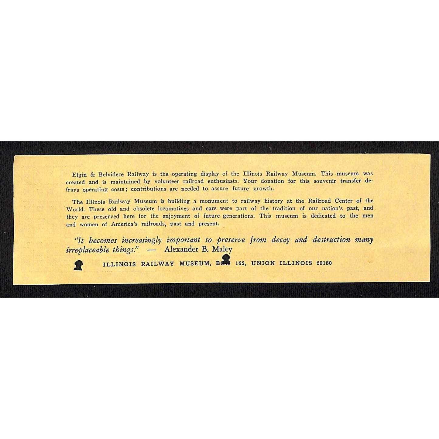 Elgin & Belvidere Railway Illinois Railway Museum Souvenir Transfer Ticket #5568