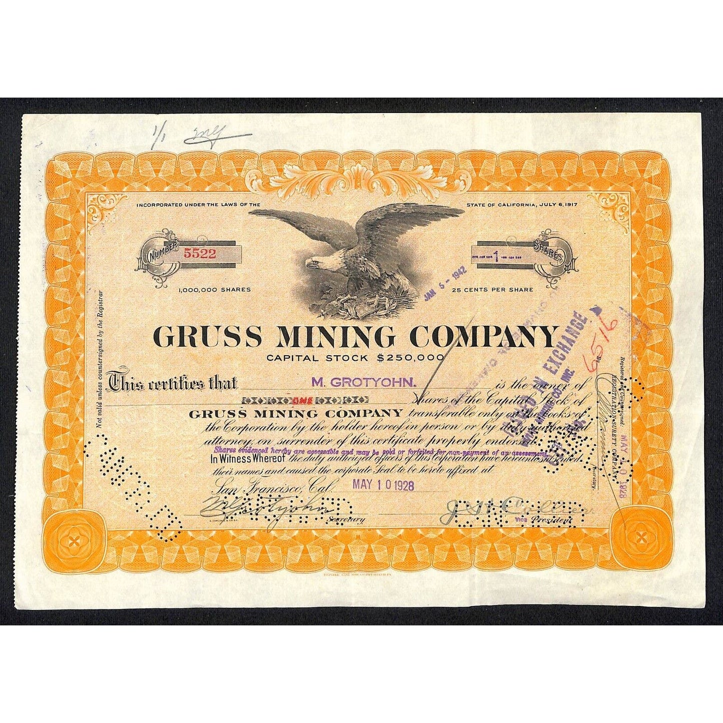Gruss Mining Company 1928 Stock Certificate #5522 Eagle Vignette