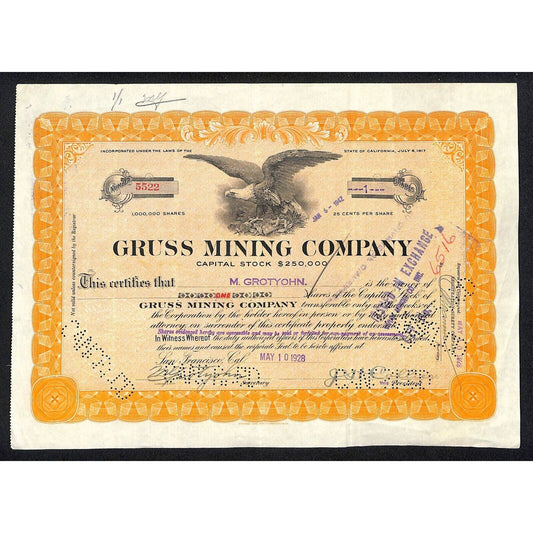 Gruss Mining Company 1928 Stock Certificate #5522 Eagle Vignette