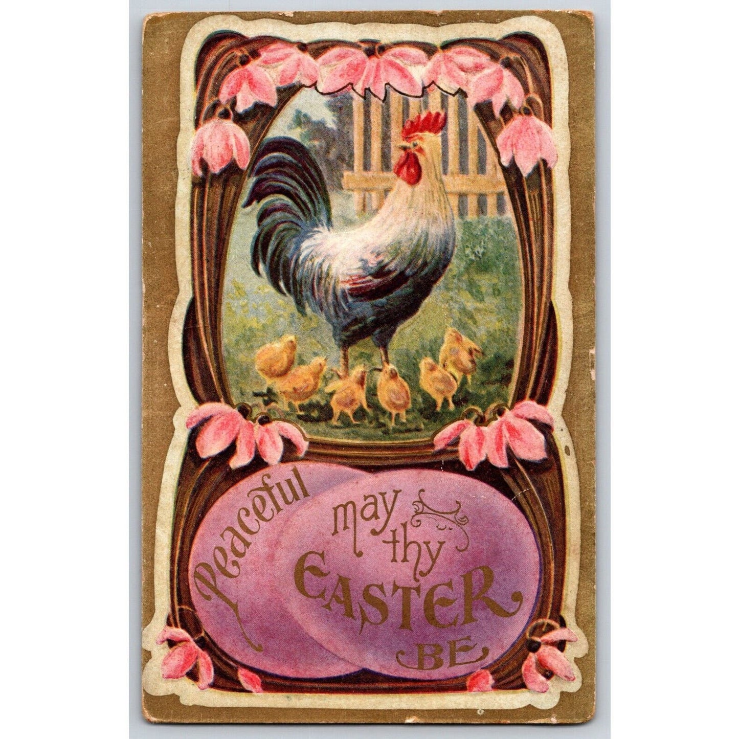 Vintage Easter Postcard "May Thy Easter Be Peaceful" Floral Chicken Chicks Emb.