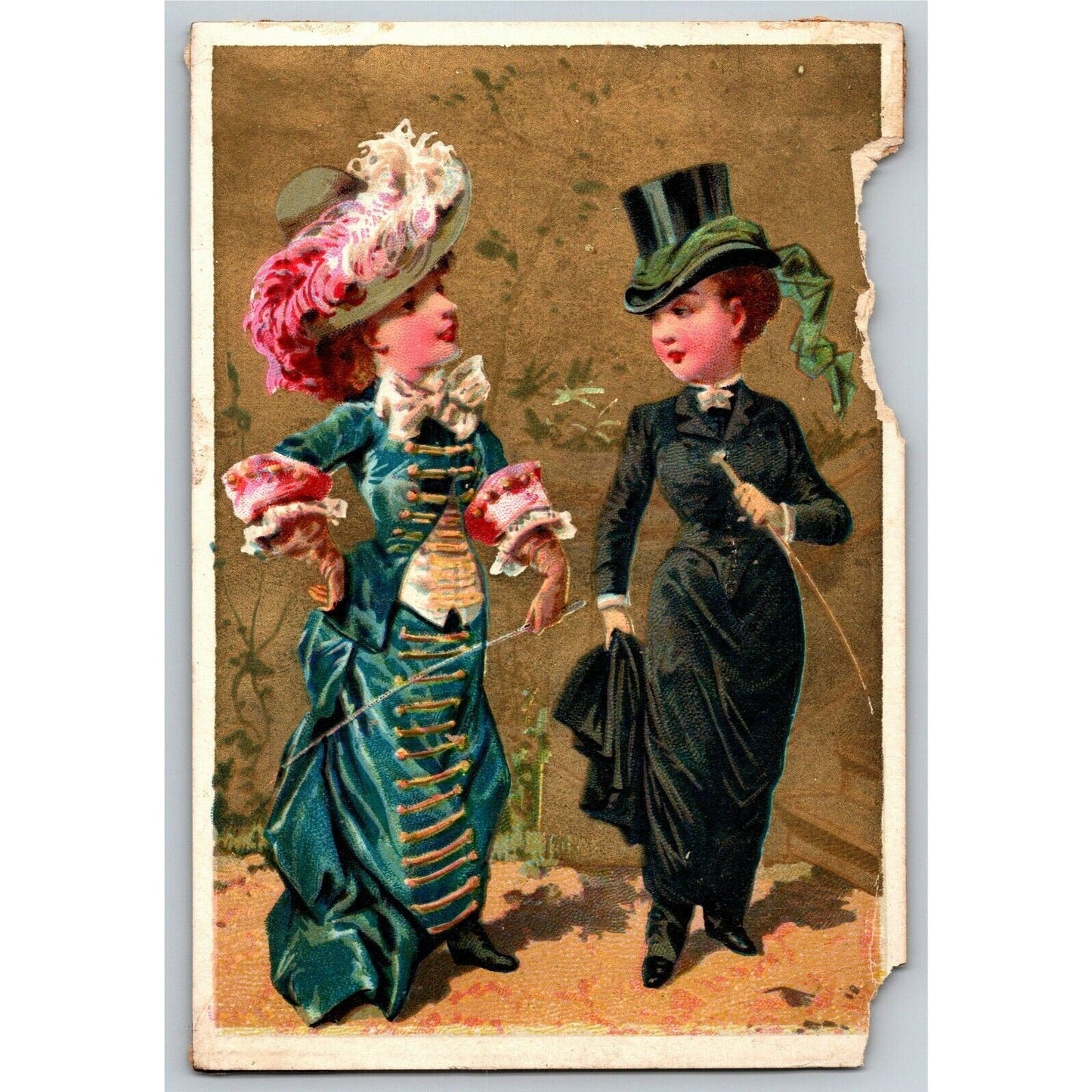 French Victorian Trade Card - 1889 Exposition Universelle Two well Dressed Girls