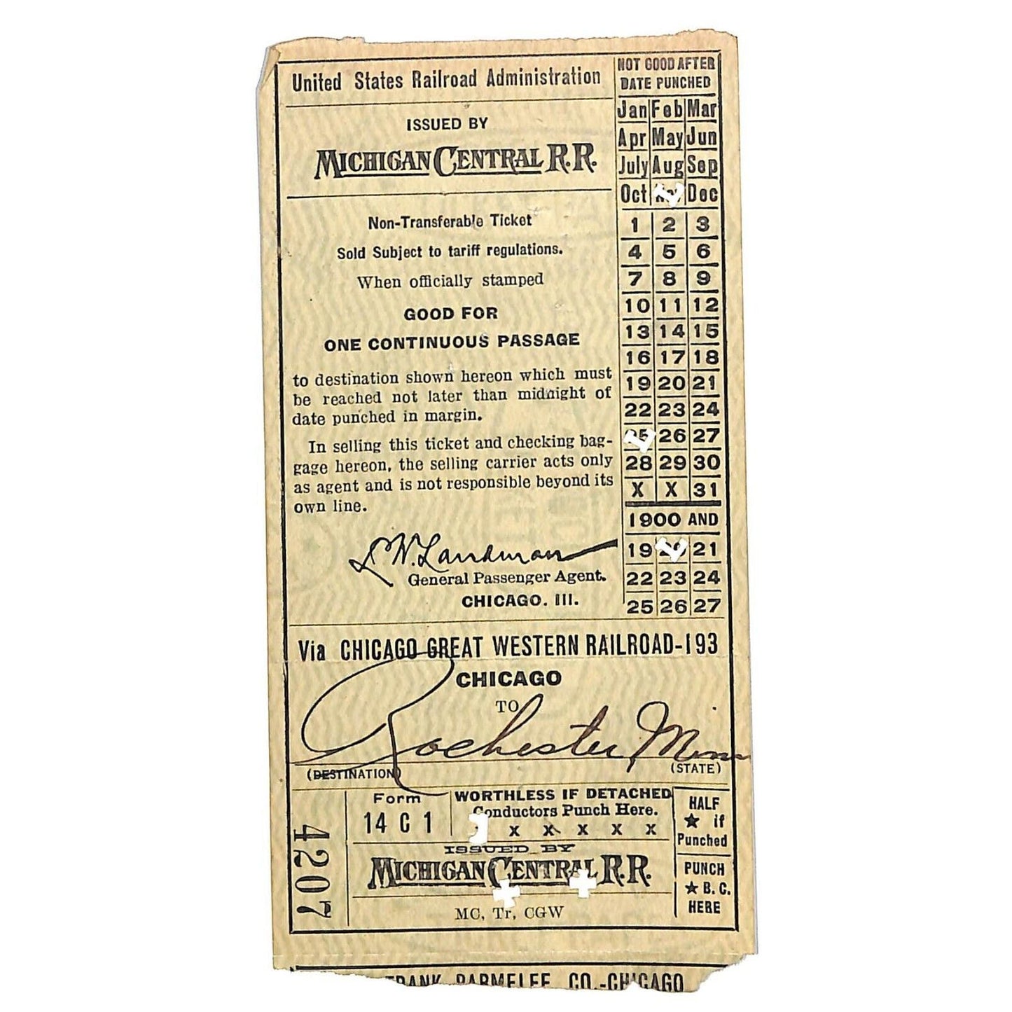 1920 Michigan Central Railroad Ticket Chicago to Rochester, MINN #4207