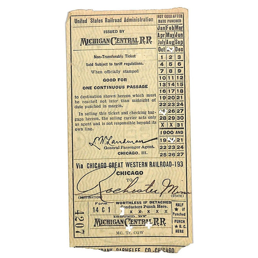1920 Michigan Central Railroad Ticket Chicago to Rochester, MINN #4207