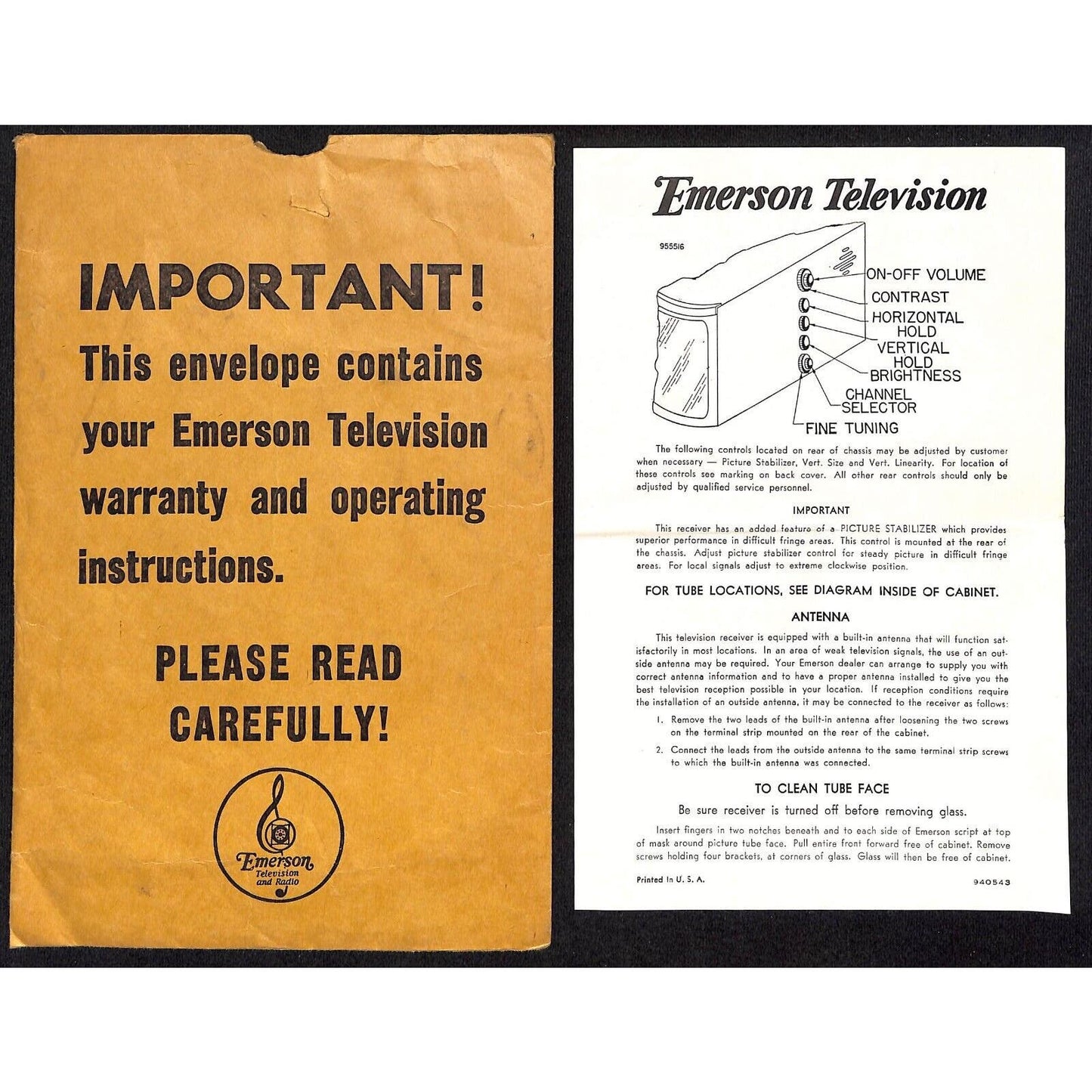 Emerson Television Operating Instruction Manual / Pamphlet c1950's? 7pp + Env.
