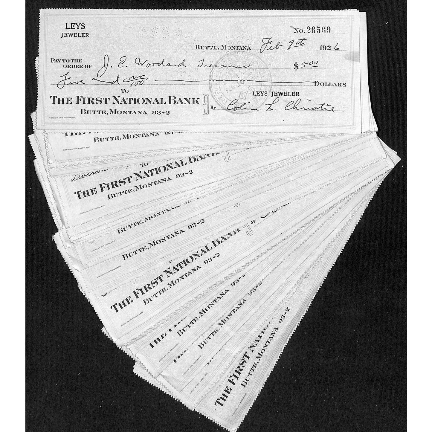 Group of 35+ 1926 FNB / Leys Jeweler Butte, MT Bank Checks VGC