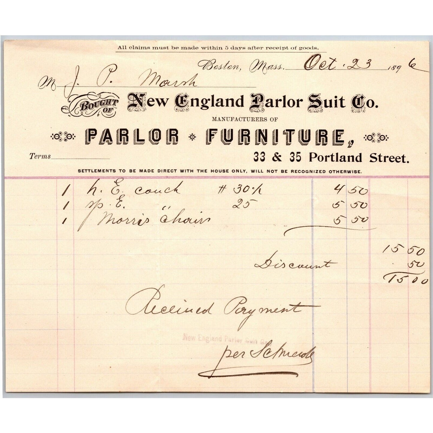 Boston, MA New England Parlor Suit Furniture 1896 Billhead JP Marsh Bethel, VT