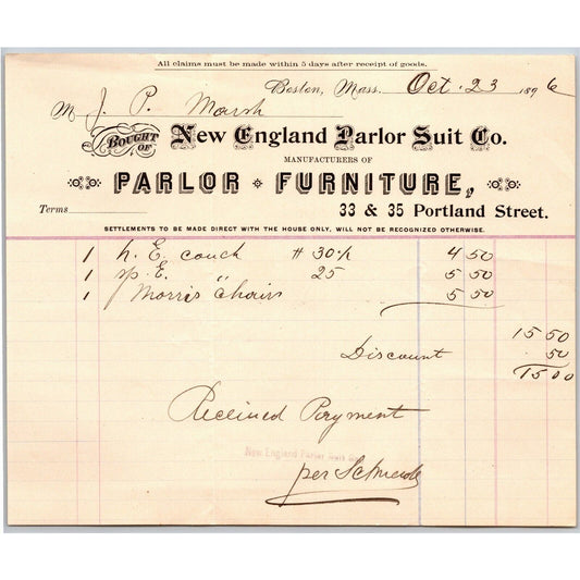 Boston, MA New England Parlor Suit Furniture 1896 Billhead JP Marsh Bethel, VT