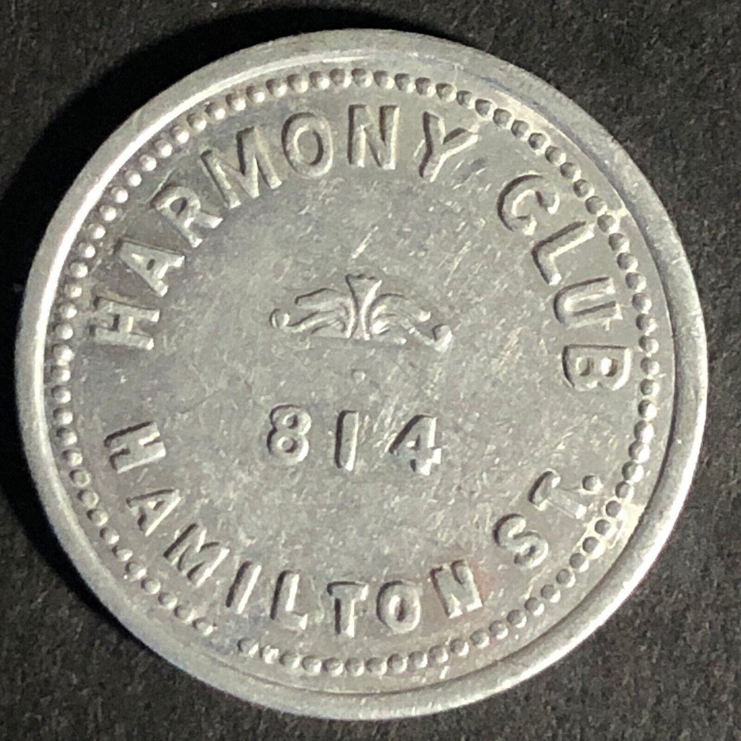 Harmony Club 814 Hamilton St. G/F 10c Aluminum Token 23mm - Unknown Scarce