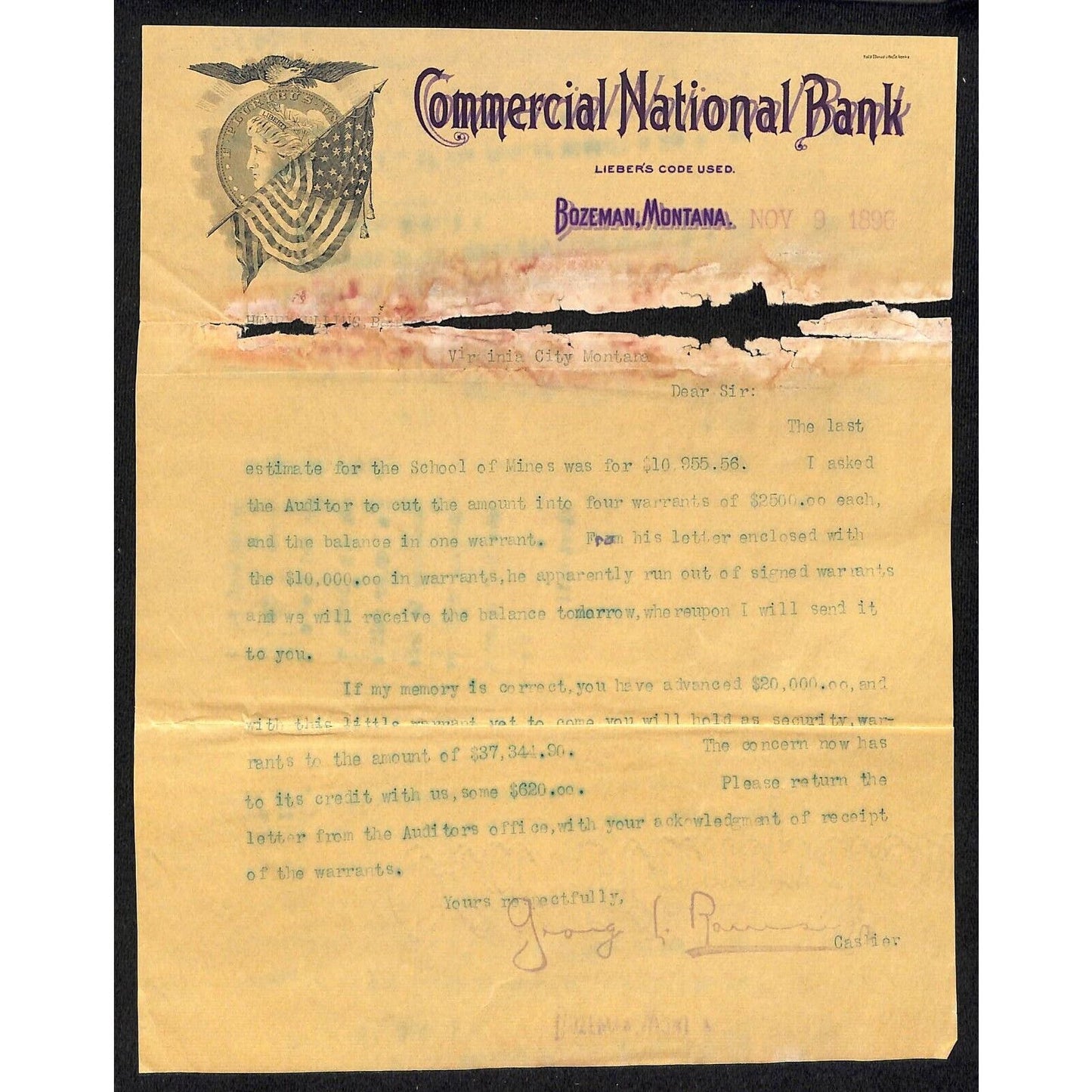 Bozeman, MT Commercial National Bank 1896 Letterhead Flag Eagle Coin Patriotic