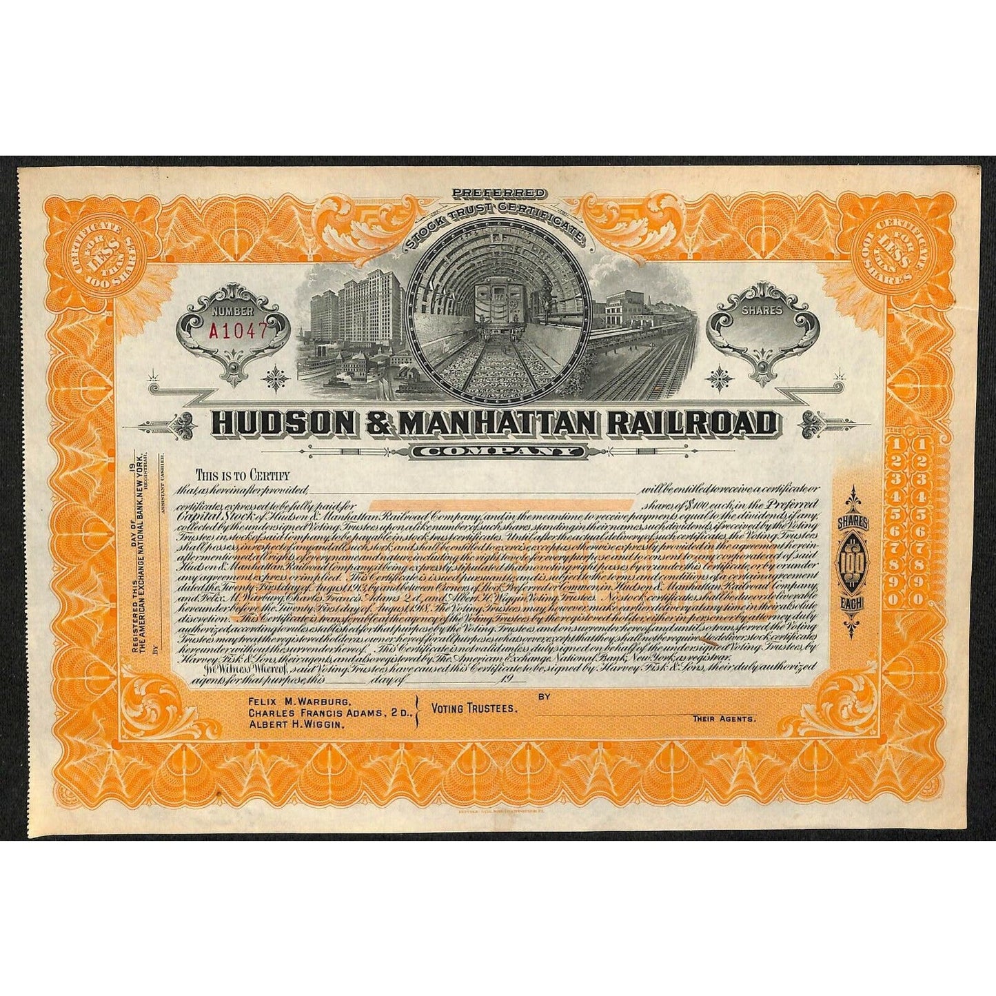 Hudson & Manhattan Railroad 1913 Stock Certificate Unused w/ Subway Vignette