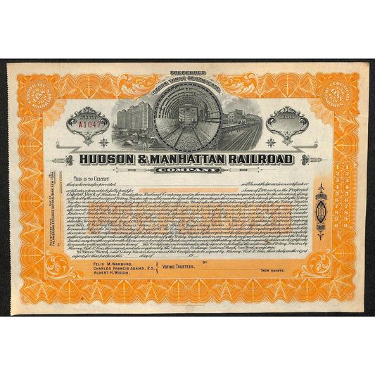 Hudson & Manhattan Railroad 1913 Stock Certificate Unused w/ Subway Vignette