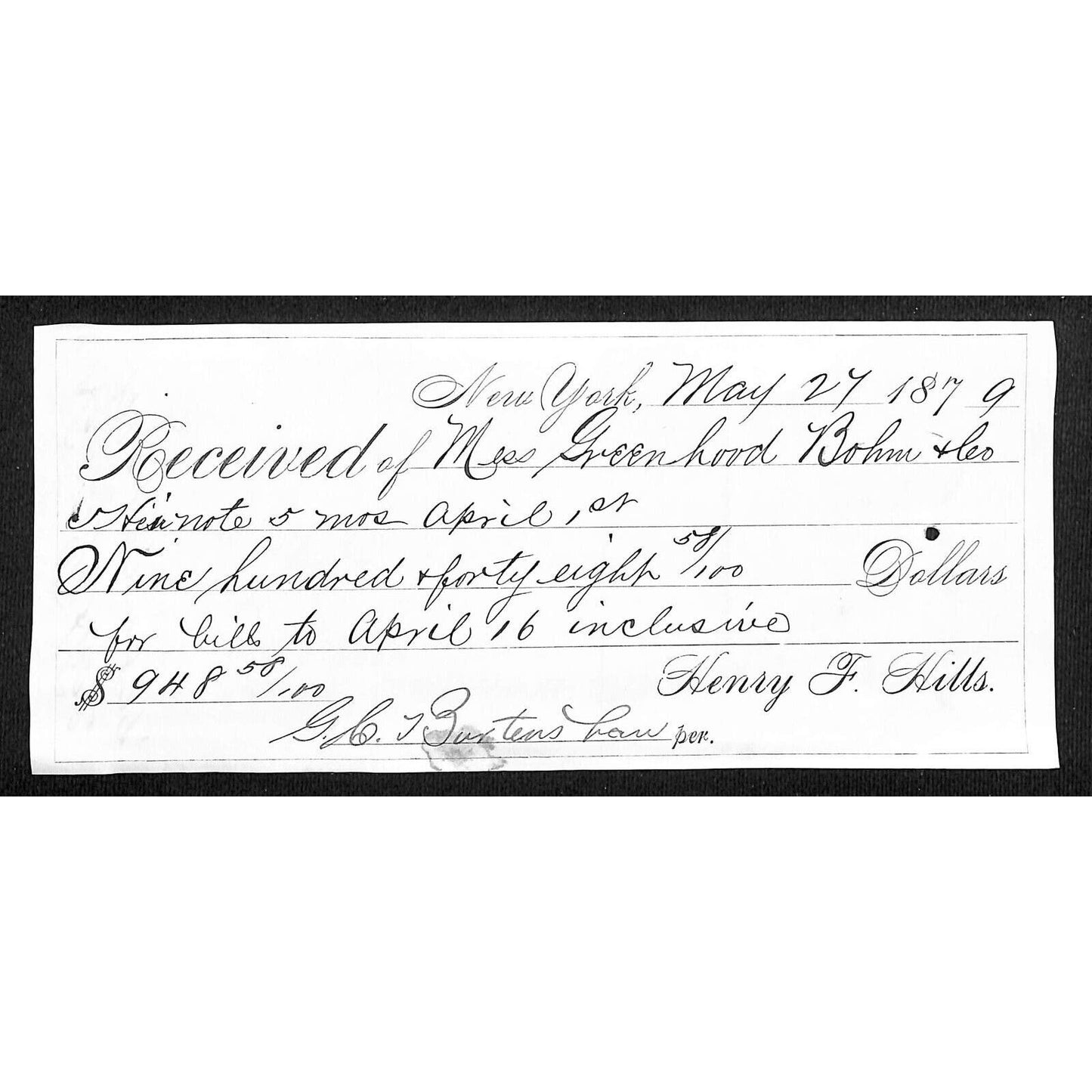 New York Greenhood Bohm & Co. (Helena, MT Clothiers) 1879 Payment Receipt