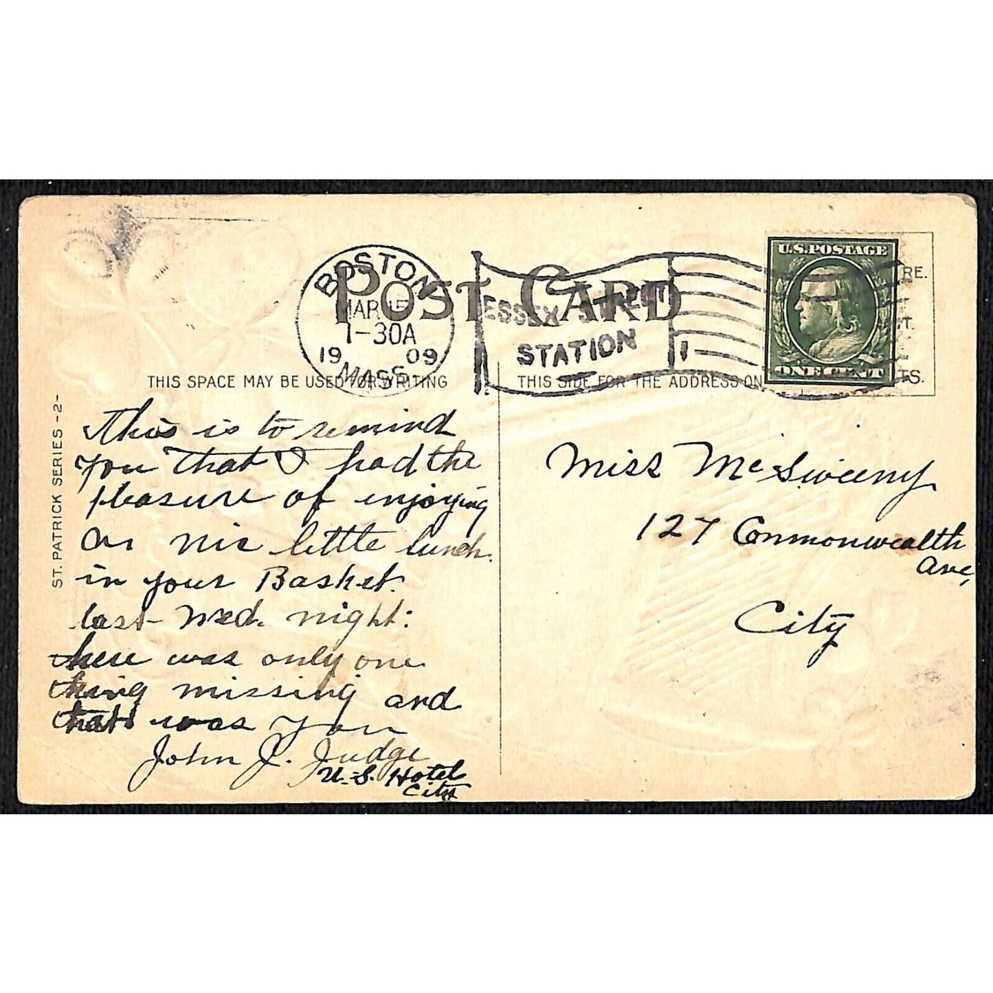 Ireland Postcard "Erin Go Bragh" Clovers Harp Gilt Emb./ Boston, MASS PM 1909