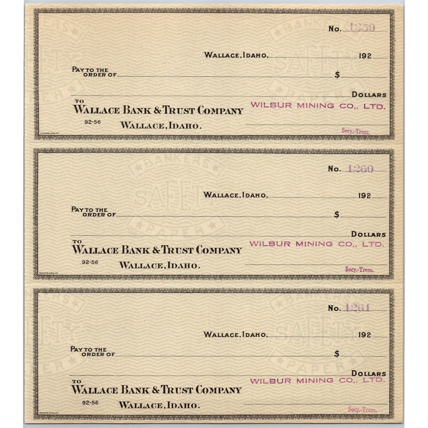 Wilbur Mining Co. Wallace Bank & Trust Wallace, Idaho - Bank Check Sheet 1920