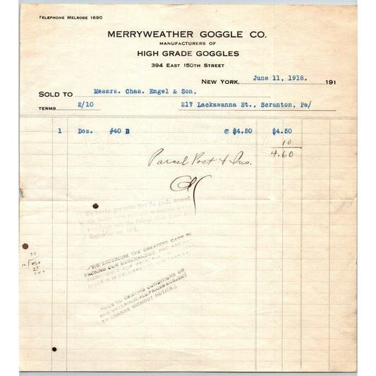 New York City Merryweather Goggle Co. 150th St 1918 "Engle" Letterhead