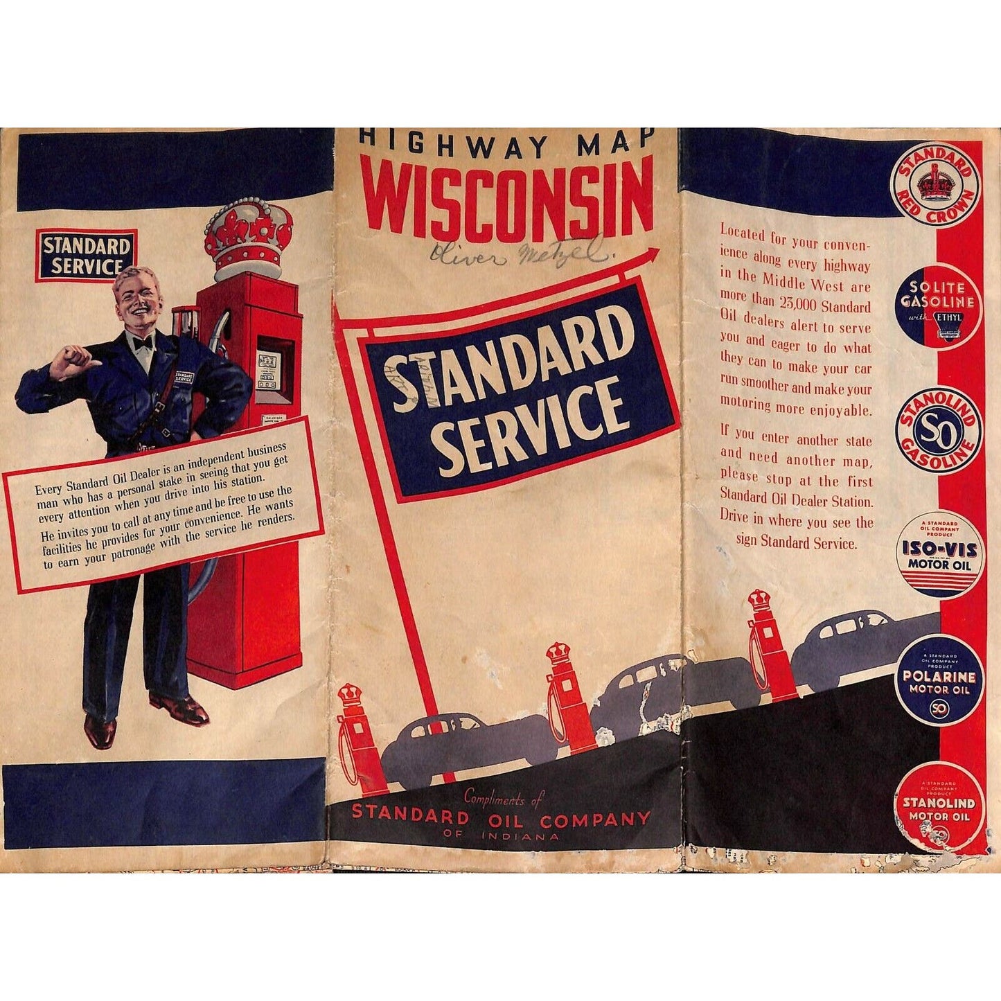 c1930's-40's Standard Oil Company's "Standard Service" Wisconsin Highway Map